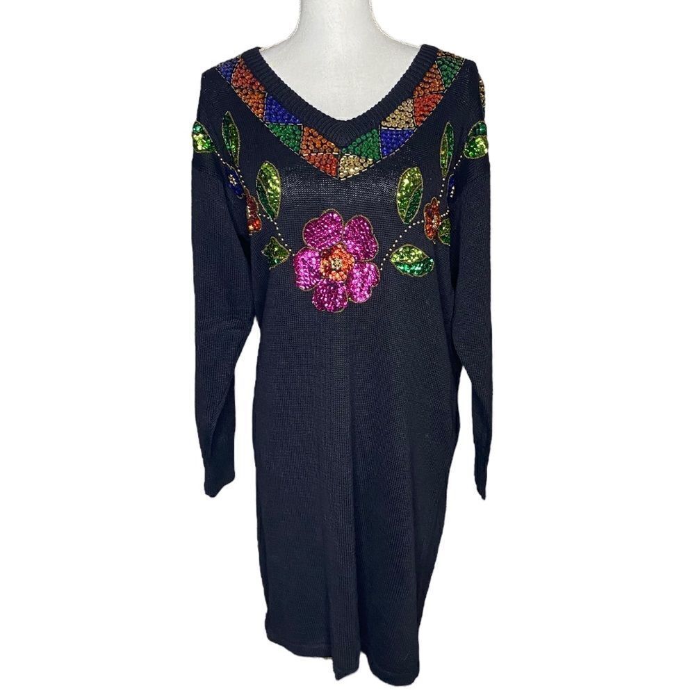 Mister Noah Black Bedazzled Floral Sequin Midi Sheath Sweater Medium Vintage